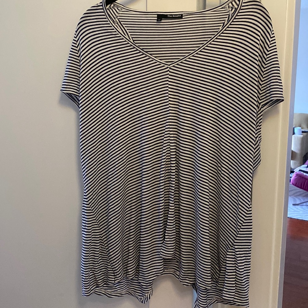 "Kooples" top asymmetrical size M navy white fabric modal short sleeve